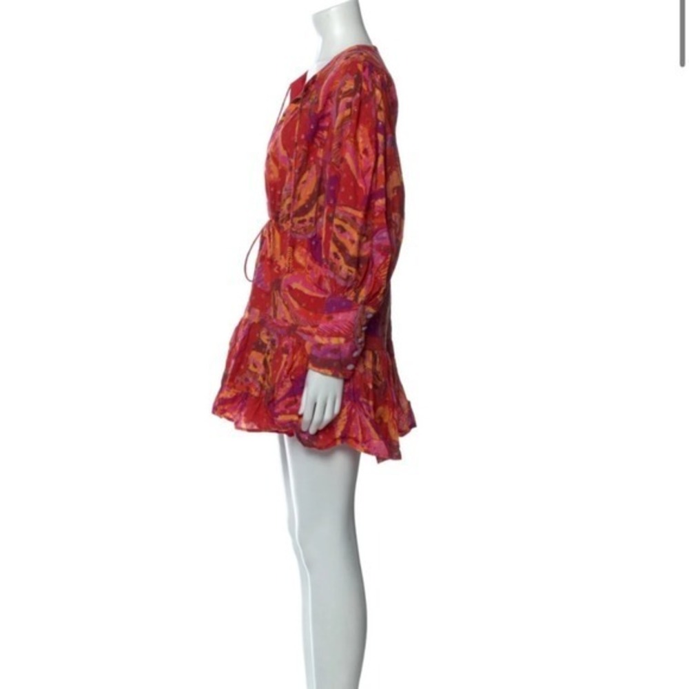 Farm Rio Womens Mini Dress Red Orange Floral Long Sleeve V Neck Tie Waist Casual - Picture 3 of 9